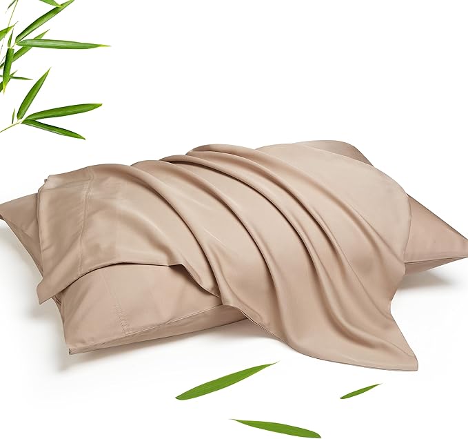 100% Rayon Derived from Bamboo Pillowcases Standard Size Set of 2, Durable Double Stitching Pillow Cases, Beige 20x26 Inches