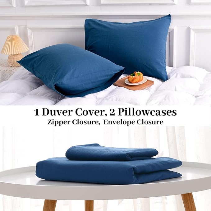 NEXHOME PRO Duvet Cover Set 100% Washed Cotton Full Size Linen Feel Textured Organic Natural 3 Pieces Bedding Set with Zipper Closure and Corner Ties, Breathable and Soft (Blue, No Comforter)