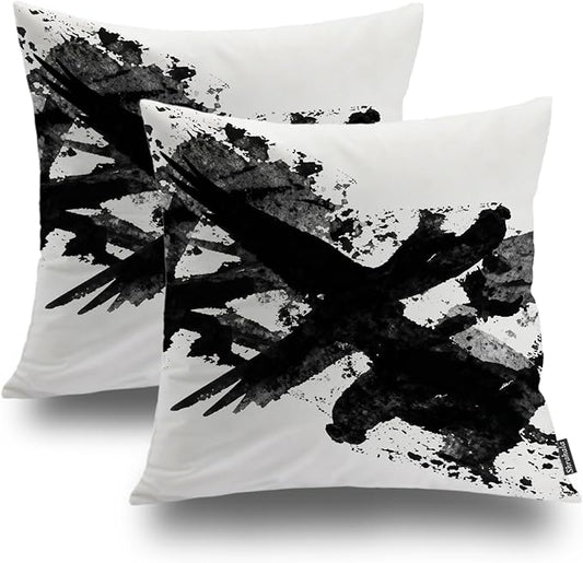 Shrahala Ink Black Hand Painted Decorative Throw Pillow Cover, Graphic White Brush Stroke Square Pillowcase Blended Double-Sided No Inserts for Bedroom Living Room Set of 2 (16 X 16 in)