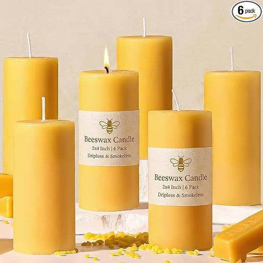 6 Pack Beeswax Pillar Candles for Home, Pure Natural Beeswax Candles Emergency Candle for Home, 210 Hours Organic Unscented Bees Wax Pillar Candle for Prayer, Dripless & Smokeless (2x4in)