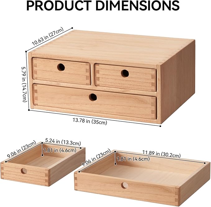 KIRIGEN Solid Wood Desktop Organizer with 3 Drawers - Multi-Layer Office Supplies Storage Rack for Documents, Stationery, Jewelry - Natural Wooden Desk Shelf Organizer Nature WJG23-NA
