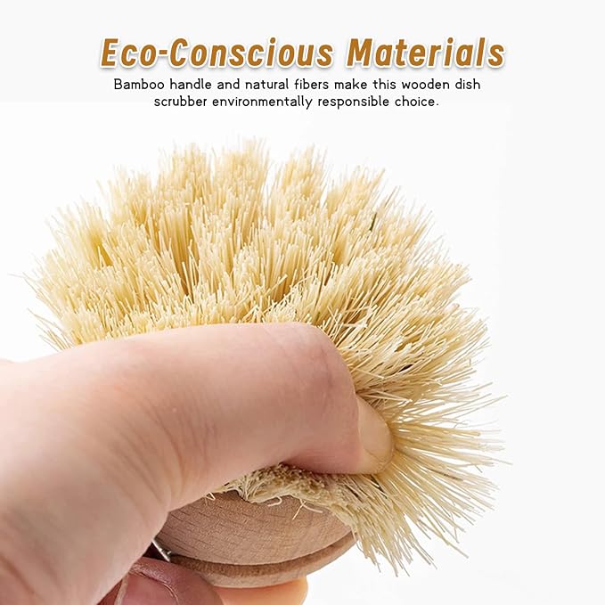 Wooden Dish Brush 4Pcs Natural Bamboo Dish Brush with Sisal Fibers Eco-Friendly Scrubber for Kitchen Cleaning