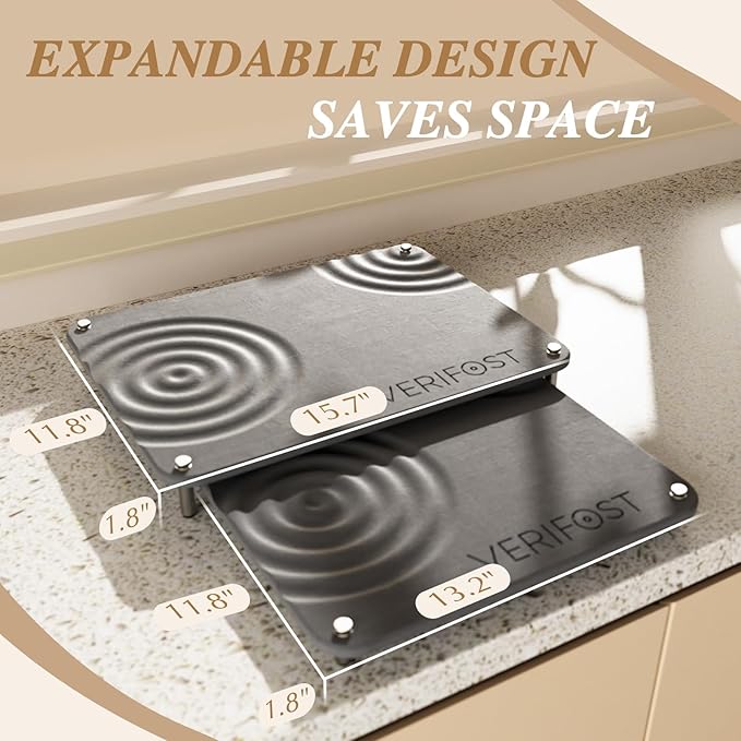 VERIFOST Nested Dish Drying Mat with Bamboo Rack for Dishes, 2Pcs Diatomaceous Earth Stone, Fast Stone Drying Mat for Kitchen Counter with Non-slip Feet, Midnight Gray