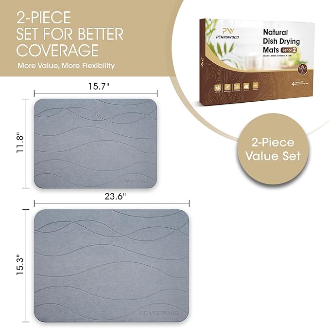 Stone Dish Drying Mat for Kitchen Counter, 2 Pack Large Stone Drying Mats (24"x16" + 16"x12"), Ultra Absorbent Diatomaceous Earth Kitchen Counter Drying Mat, Quick Dry, Non Slip