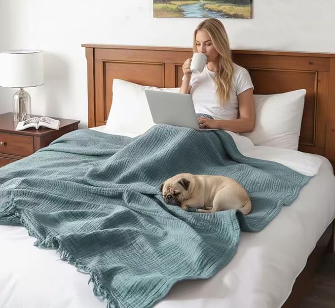 KyraHome 100% Organic Cotton Muslin Blankets, 90"x90" Queen, Pre-Washed, Breathable Lightweight Gauze Cotton Blanket for Couch, Adults, All Season (Slate Blue)