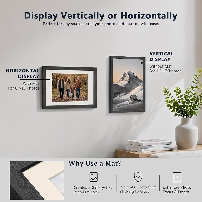 VCK 11x17 Picture Frames Black 3 Pack, Wide Border Solid Wood, Tempered Glass, Display 8x12 Photo with Mat or 11 x 17 without, for Home, Office, Gallery, Woodgrain Series, Wall Hanging