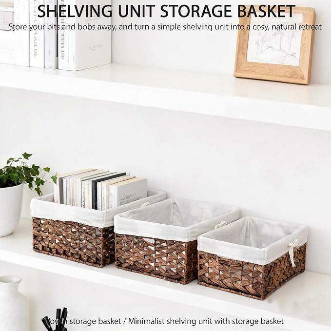 Water Hyacinth Storage Baskets Set of 3 with Metal Frame & Removable Liner, Large Medium Small Rectangular Woven Organizer Bins for Closet, Bedroom, Bathroom, Kitchen, Home Organization