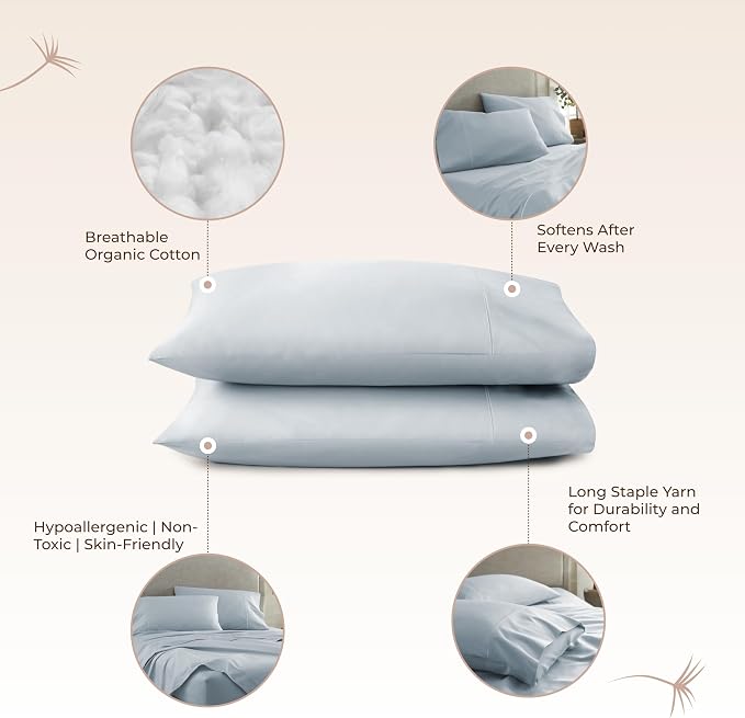 100% Organic Cotton Pillow Cases Queen Size Set of 2-100% Cotton Pillowcases GOTS Certified 500 Thread Count - Naturally Cooling Comfortable Breathable & Soft Pillow Cases (Powder Blue, Queen)