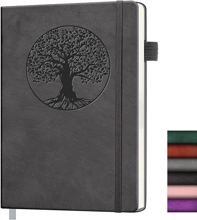 Lined Journal Notebook, A5 Leather Vintage Journals for Writing, 288 Pages College Ruled Notepad for Women Men, Vegan Leather Daily Notebook for Work, School, Travel, Note Taking(Tree of Life, Grey)