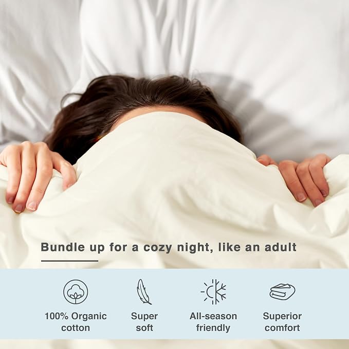 Fabdreams GOTS Certified 100% Organic Cotton Duvet Cover Queen Size - 400 TC Sateen - Soft - Silky - Button Closure - Edge Ties - 1 Duvet Cover (90"x92")+2 Pillow Shams (20"x26") - Ivory