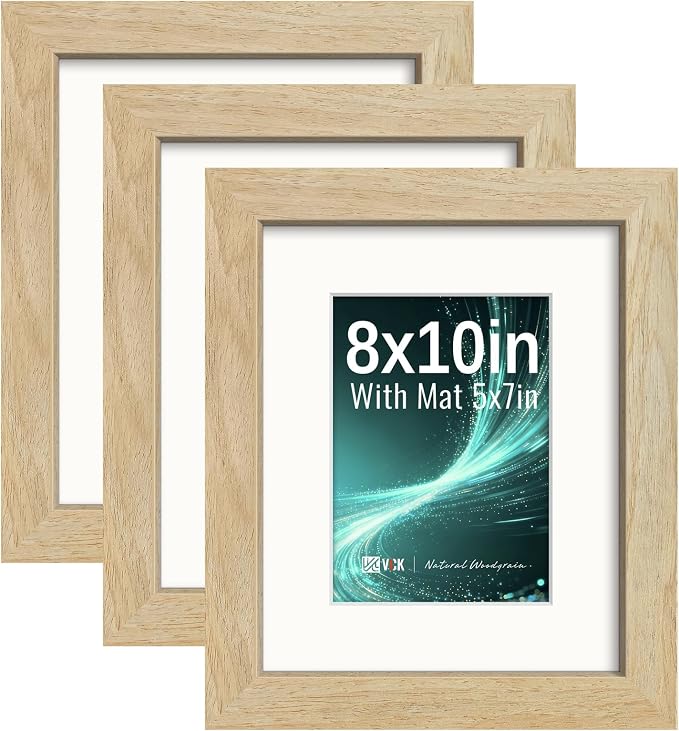 VCK 8x10 Picture Frames Natural - 3 Pack, Wide Border Solid Wood, Tempered Glass, Display 5x7 Photo with Mat or 8 x 10 Without, for Home, Office, Gallery, Woodgrain Series, Tabletop & Wall Hanging