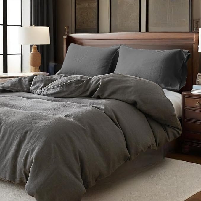 100% Linen Duvet Cover Set, 3 PCS Natural French Flax Dark Grey Duvet Cover King Size, Breathable Soft Comfy Linen Bedding Comforter Cover with 2 Pillowcases(Dark Grey, 104" x 92")