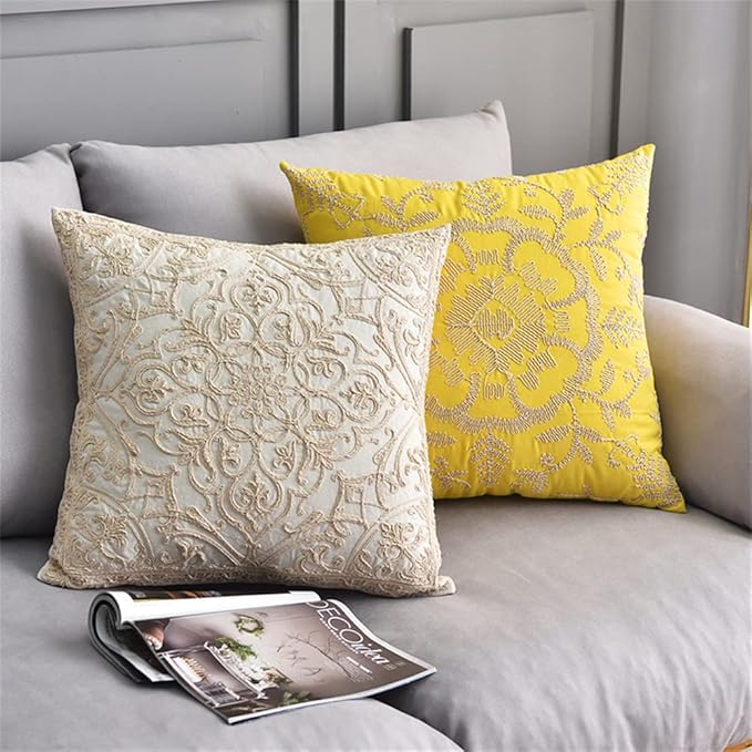 DOKOT Embroidery Throw Pillow Case Covers Square Cushion Cover 100% Cotton with Zipper for Home Decorative 20x20 inches(50x50cm) (Beige, 2 Pieces)