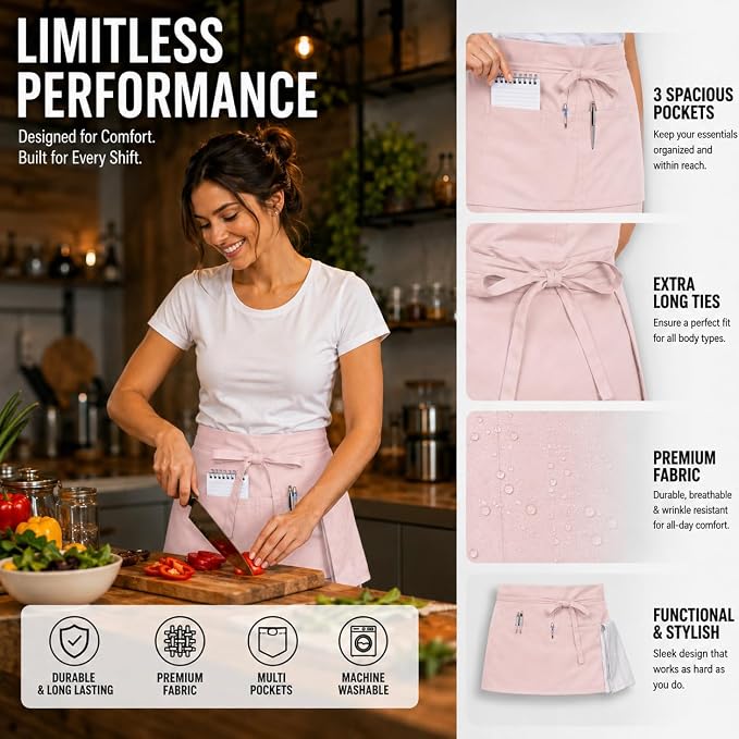 Waist Apron with 3 Pockets Waterdrop Resistant Premium Cotton Waitress Apron 10 Color Option Server Apron Chef Apron (POWDER PINK, PACK OF 12)