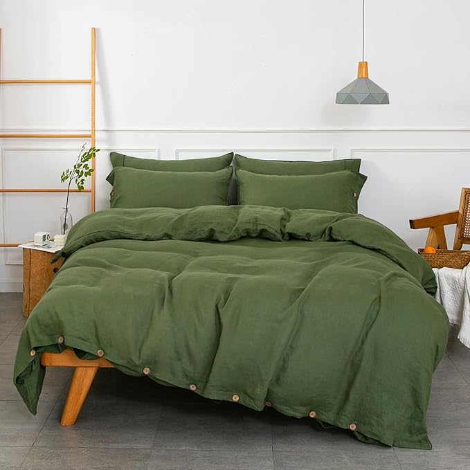 S VICTORY SYMBOL Pure Linen Duvet Cover Set 3pcs,Natural French Washed Flax Solid Color Soft Bedding(1 Duvet Cover and 2 Pillowcases) with Coconut Buttons Closure(Full,Juniper Green)