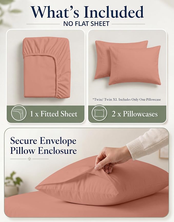 LANE LINEN 100% Organic Cotton Fitted Sheet Full Size Set (No Flat Sheet) - Soft & Breathable Percale Weave Fitted Sheet Set - 15'' Deep Pocket for Snug Fit - GOTS Certified - Rose Dawn