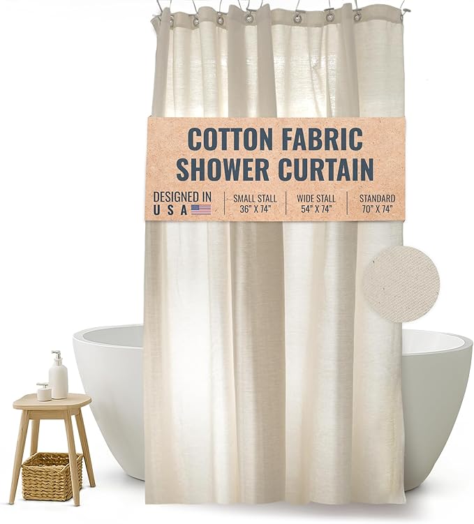 FABRIC SHOWER CURTAIN LINER 36"x74" SMALL Stall Size - Stylish Quality Bathroom Drape - Earth Friendly Non-Toxic Odor-Free NATURAL Cotton Liner, Light-Weight Washable natural Shower Curtain 36NC