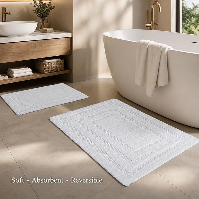Bedding Craft Bathroom Bath Mat Rug Set of 2, 17x24 + 21x34, Off White | 100% Cotton, Reversible, Absorbent, Machine Washable, Soft Mats for Tub Side
