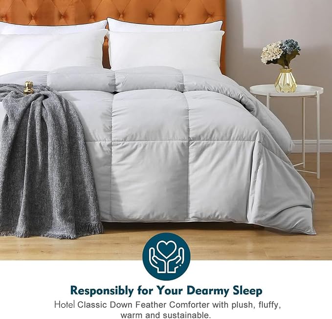 Gray Feathers Down Comforter Twin - 100% Organic Cotton, Medium Warm All Seasons Machine Washable Duvet Insert with Tabs (68x90, Mirage Grey)