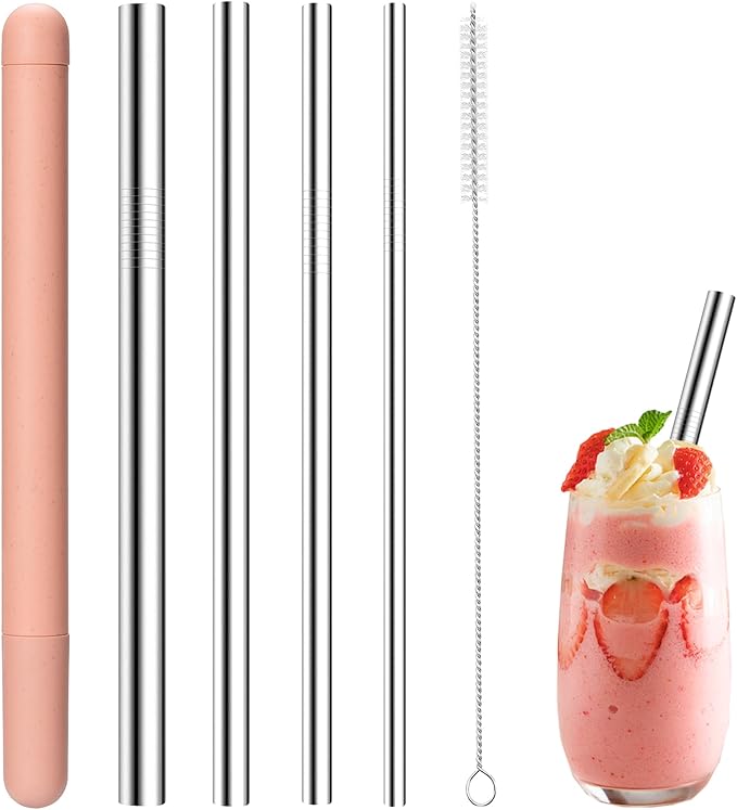 4-Pack Stainless Steel Straw Set - 215mm (8.5") Length, 6/8/10/12mm (0.24"/0.31"/0.39"/0.5") Diameters - Fits Coffee, Smoothies & All Cup Sizes - Reusable & Dishwasher Safe(Pink)