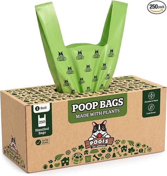 Pogi's Compostable Poop Bags with Easy-Tie Handles – Leak-Proof, Extra-Large, Made with Plants (Single Roll, 250-Count)