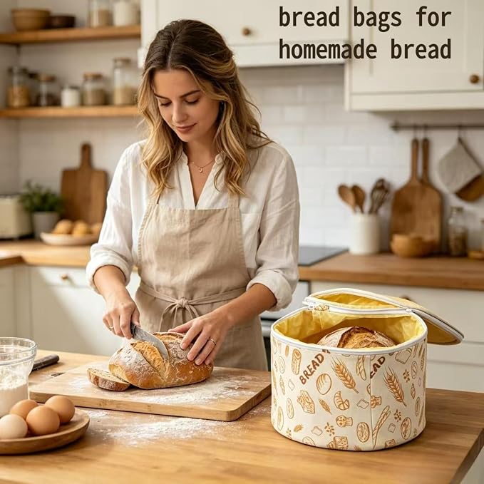 Organic Cotton Beeswax Bread Bags 9.8" x 6.Cotton Wash. Reus. Eco | Natural beeswax locks in freshness. Large reusable round Bread Bags for homemade sourdough. Organic cotton, freezer-safe