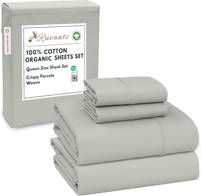 RUVANTI 100% Cotton Organic Percale Sheets Queen Size – Crisp Cooling Bed Sheets for Hot Sleepers, Deep Pocket 15”, Soft Peach Finish, Breathable & Durable Hotel-Style 4 Pcs, Mineral Gray