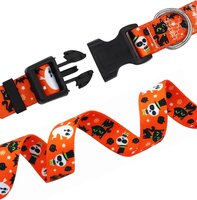 Mihqy Halloween Dog Collar - Pumpkin Bat Ghost Pattern - Adjustable for Small Medium Large Dogs(Halloween,S)