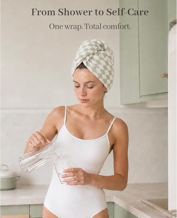 ROLSHOL Cotton Hair Towel Wrap for Women, 2 Pack 100% Cotton Hair Drying Towels for Long, Thick & Curly Hair, 32" x 11" Large Hair Turban for Wet Hair with Elastic Band (Green)