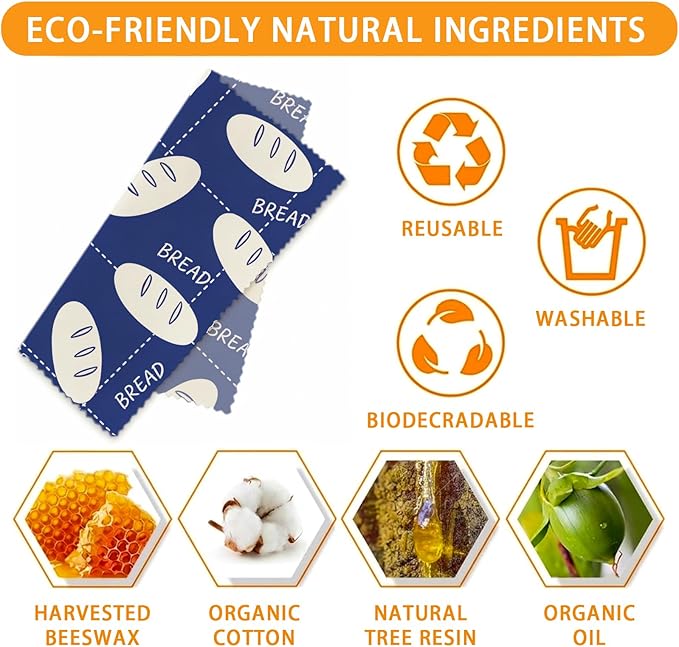 Reusable Beeswax Wraps, 9 Pack Eco-Friendly Food Covers, Organic, Sustainable, Zero Waste, Plastic-Free, For Sandwich, Snack, Bowl, 1XL, 3M, 5S, Assorted Blue & White Bread Bakery Pattern