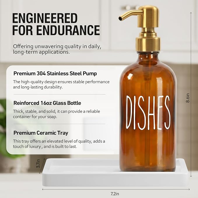 MOMEEMO Amber Glass Soap Dispenser Set, Dish and Hand Soap Dispenser Set with Ceramic Tray, Suitable for Kitchen Counter Decor. (Amber & Gold)