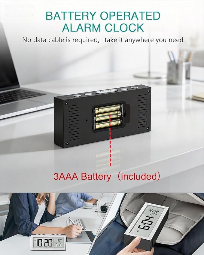 ORIA Battery Operated Digital Clock, Small Travel Alarm Clock with Auto Dimmer, Date, Temp & Week, Bedside Desk Clock with LCD Display for Bedroom, Office, Batteries Included