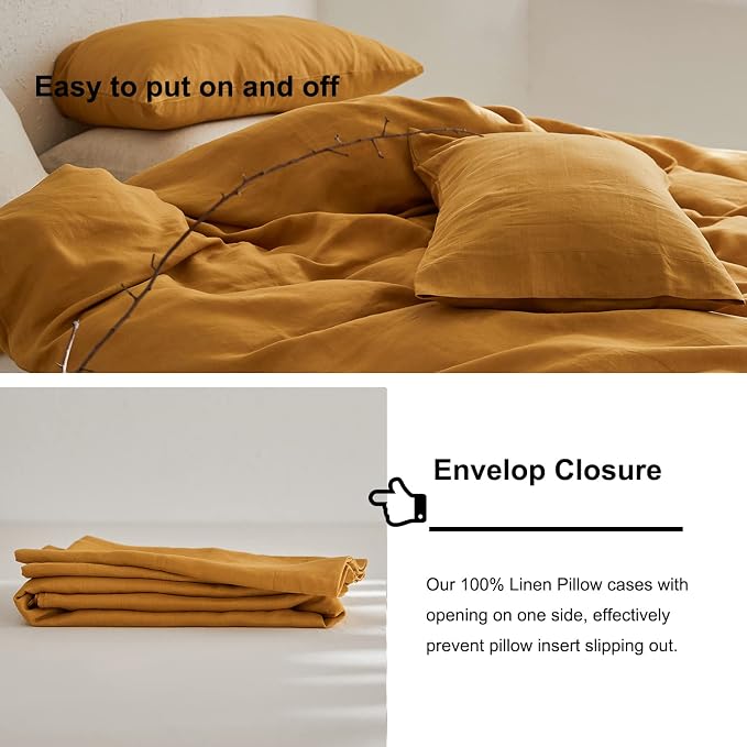 TOSMO Linen Duvet Cover Set, 100% French Flax Natural Linen Bedding 3pcs Set, Soft Breathable for Hot Sleepers 1 Duvet Cover and 2 Pillowcases (Butternut, Queen)