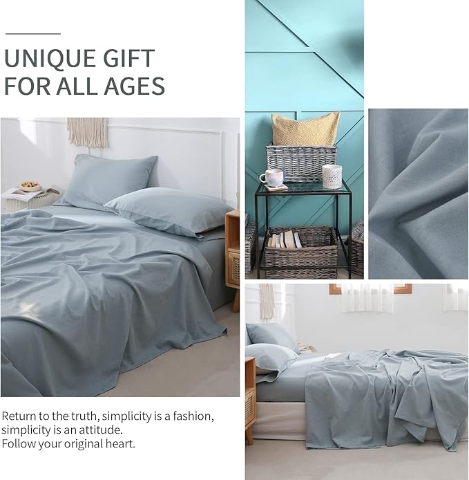 BISELINA Linen Sheet French Flax Flat Sheet Only 55% Euro Linen 45% Cotton Basic Style Solid Color Soft Breathable Farmhouse Top Sheet 1-Piece (Full, Dusty Blue)