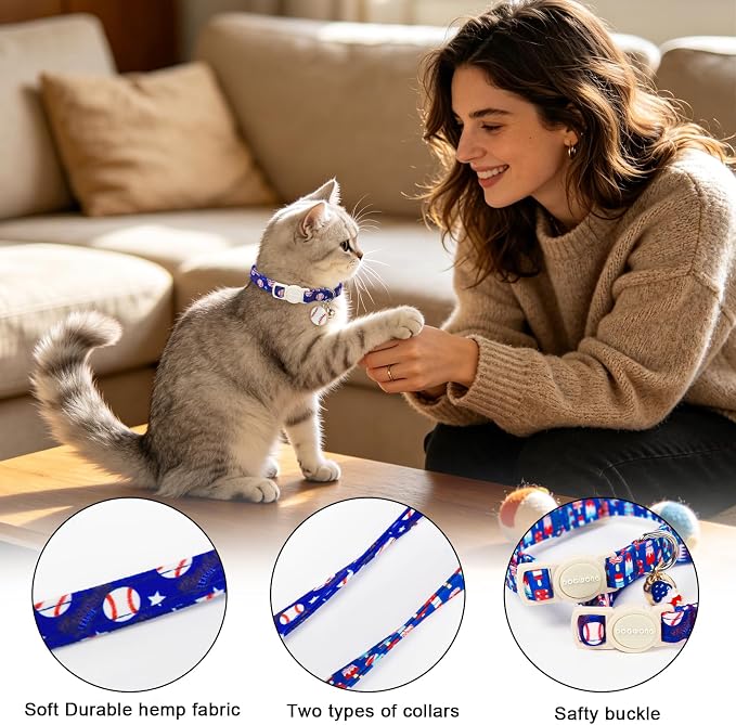Cat Collar,2 Pack Blue Cat Collars Breakaway with Bell, DOGWONG Patriotic Popsicle Cat Collar for Boy Small Dogs，Adjustable Kitten Collar 7-12 Inch