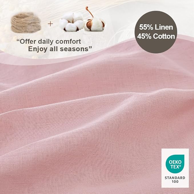 Simple&Opulence French Linen Duvet Cover Set 68" x 86"- 2 Pieces (1 Comforter Cover,1 Pillowcase)- Natural Flax Cotton Blend-Solid Color Breathable Farmhouse Bedding- Pale Pink, Twin