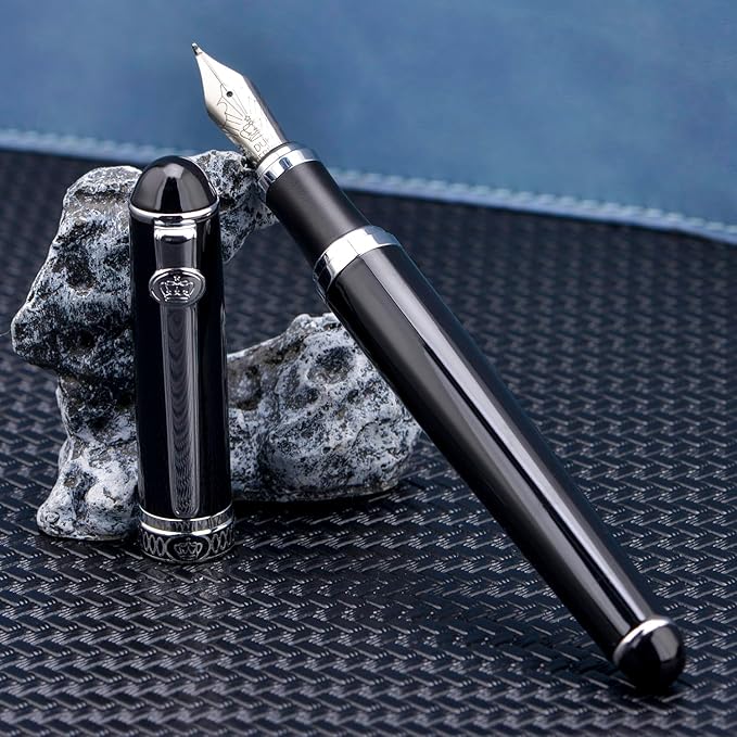 Lanxivi Duke D2 Fountain Pen Black Silver Trim Fine Nib with Additional Fude Nib (Bent Nib) and Converter Calligraphy Art Pen Set
