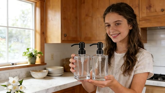 13.5 Oz Clear Glass Soap Dispenser with Rust Proof Stainless Steel Pump, Antique Design Refillable Square Lotion Dispenser for Bathroom, Premium Kitchen Hand Soap (Oil Rubbed Bronze)