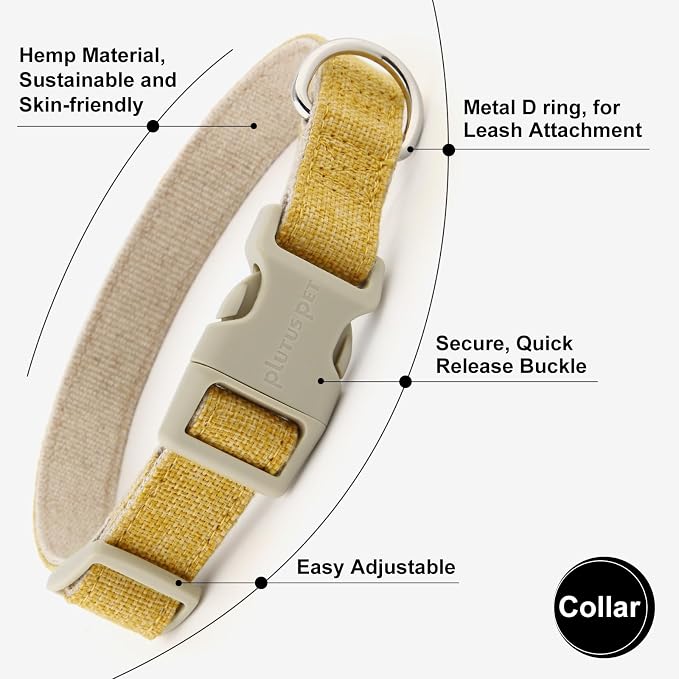 Plutus Pet Cotton Hemp Dog Collar and Leash Set, Adjustable Collar for Small, Medium, and Large Dogs, Heavy Duty and Soft on Skin, Yellow, XS