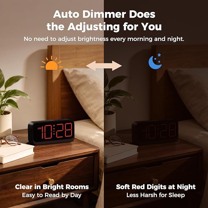 Acedeck Battery Operated Alarm Clock for Bedroom Travel: Cordless Compact Large Display Digital Clock with Auto Dimming - 4 Dimmers Easy to Use for Adults Seniors Red Digits