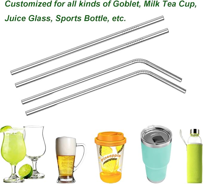 VEHHE Metal Straws Stainless Steel Straws Drinking Straws Reusable - 10.5" Ultra Long 4 + 1 - W/Cleaning Brush for 20/30 Oz for Yeti RTIC SIC Ozark Trail Tumblers (2 Straight|2 Bent|1 Brush)