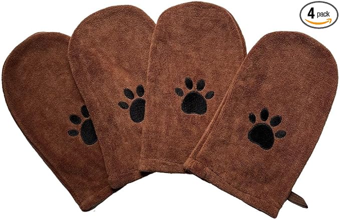 Penny & Niko Microfiber Pet Towel Mitts - Paw Cleaning and Drying Mitts/Gloves for Dogs and Cats (Brown, Standard - 4 Pack)