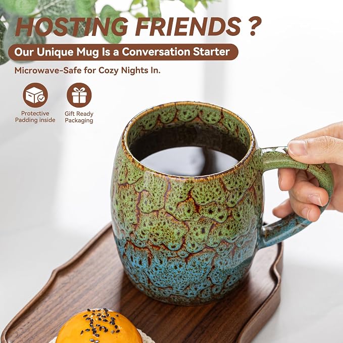 Handmade 22oz Ceramic Coffee Mug, Ergonomic Large Handle, Ideal Gift for Coffee Lovers, Microwave & Dishwasher Safe (Bas-Relief - Green&Blue)