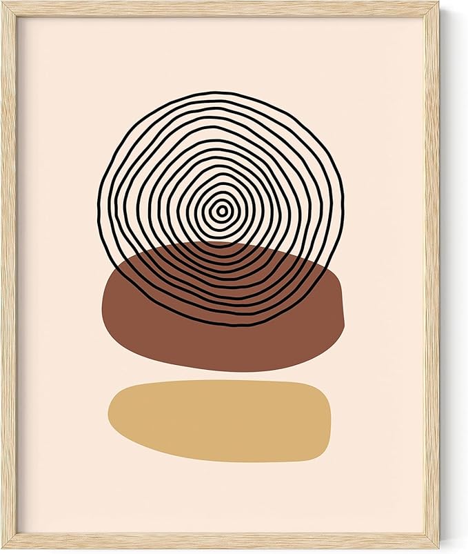 Boho Abstract Wall Art Minimalist Stacked Stones Circles Earth Tones Terracotta Mid Century Modern 11x14 Inch Oak Wood Beige Framed Zen Meditation Print for Living Room Office Decor
