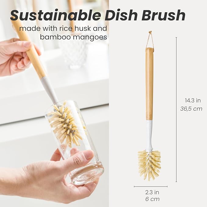 Vigar Zeroline 13.9" Bamboo Bottle Brush With Long Handle - Water Bottle Brush for Glassware, Tumblers, Jars and Vases, Kitchen Dish Scrubber, Wooden Bottle Cleaner, Dish Brush for Sink, Kitchen Brush