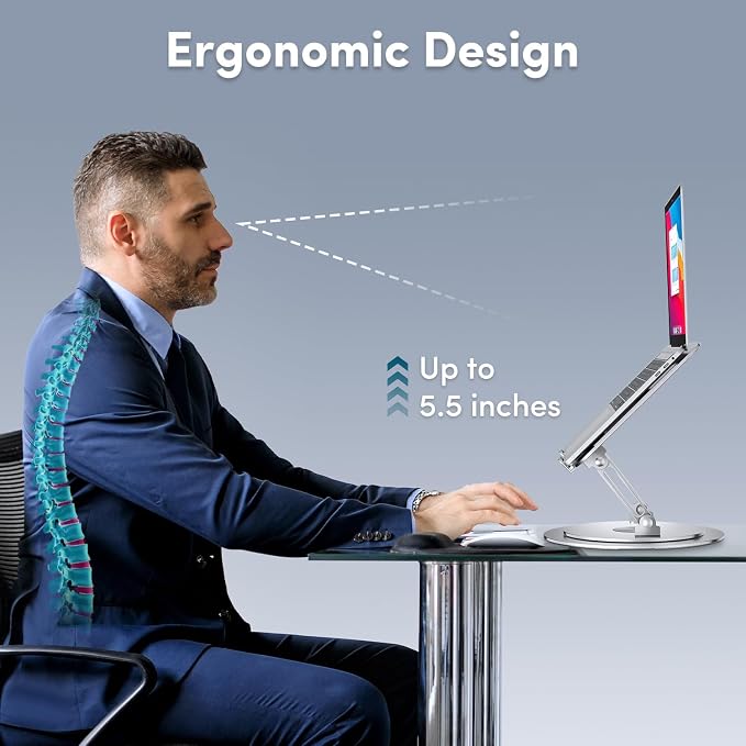 Lifelong 360° Rotating Adjustable Laptop Stand, Foldable Riser, Silver | Ergonomic Computer Stand for Desk, Portable Laptop Holder Fits All MacBook, Laptops 10-16 Inches