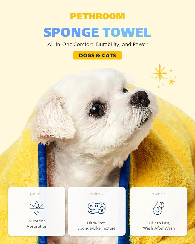 PETHROOM Ultra Absorbent Pet Towel | Quick-Drying, Soft Microfiber Dog & Cat Bath Towel | Lightweight, Durable, Fast Water-Soaking | Ideal for All Breeds (Medium) 15.7" x 31.5"