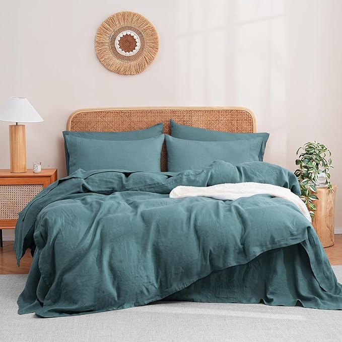 S VICTORY SYMBOL 100% Organic Linen Duvet Cover Set 3 Pieces,Pure Natural French Flax Bedding Set,1 Comforter Cover and 2 Pillowcases,Solid Color Bedding Full Size(Stormy Blue)
