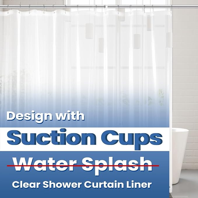downluxe Shower Curtain Liner, PEVA Plastic Shower Liner with 3 Magnets, 72" x 72" Waterproof Bathroom Curtain, Suction Cups Clear, 1 Pack