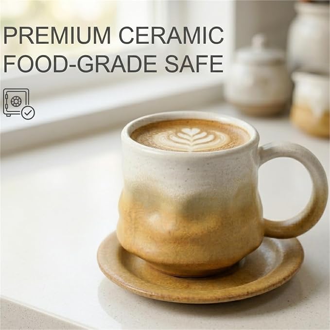 Handmade gradient ceramic coffee cup and saucer set, 8-ounce ceramic mug, distinctive glaze technology, microwave/dishwasher safe for coffee, tea, latte, rustic craftsman style(Gradient yellow)